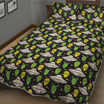 Green Alien UFO Space Print Quilt Bed Set