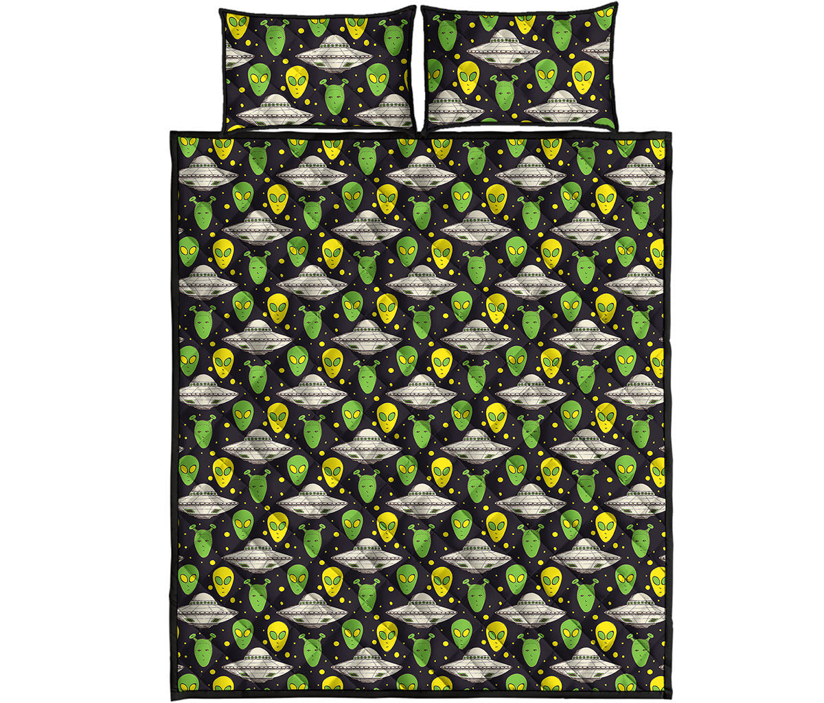Green Alien UFO Space Print Quilt Bed Set
