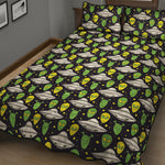 Green Alien UFO Space Print Quilt Bed Set