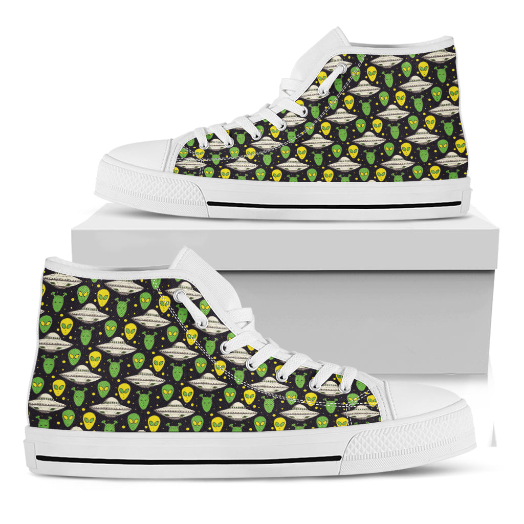 Green Alien UFO Space Print White High Top Shoes