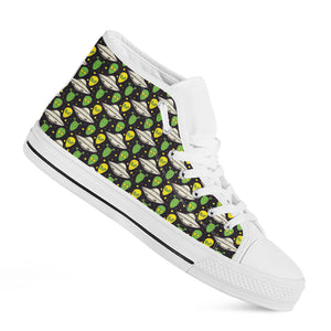 Green Alien UFO Space Print White High Top Shoes