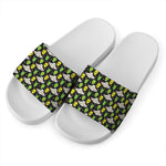 Green Alien UFO Space Print White Slide Sandals