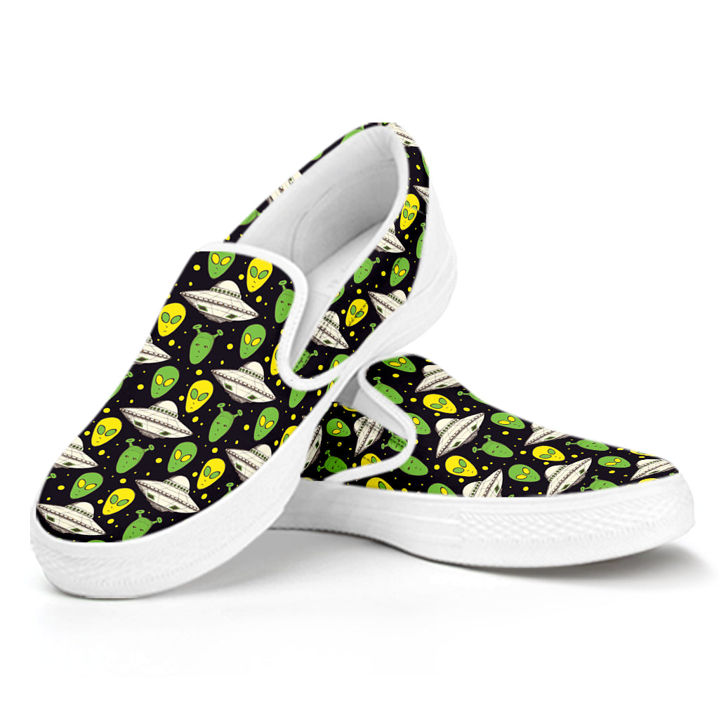 Green Alien UFO Space Print White Slip On Shoes