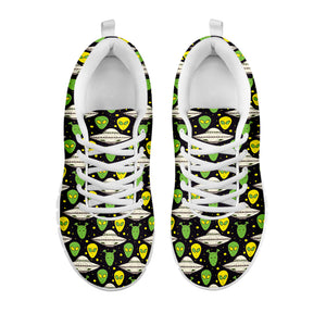 Green Alien UFO Space Print White Sneakers