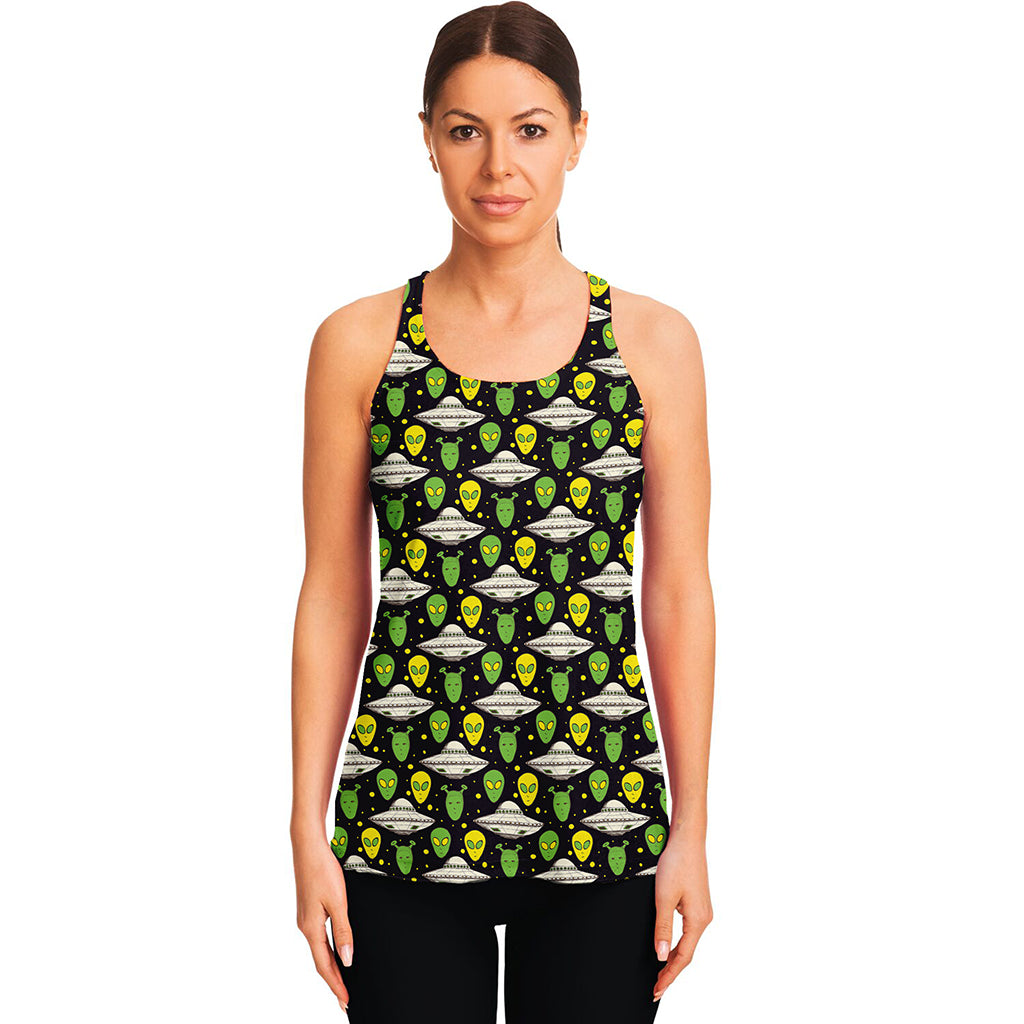 Green Alien UFO Space Print Women's Racerback Tank Top