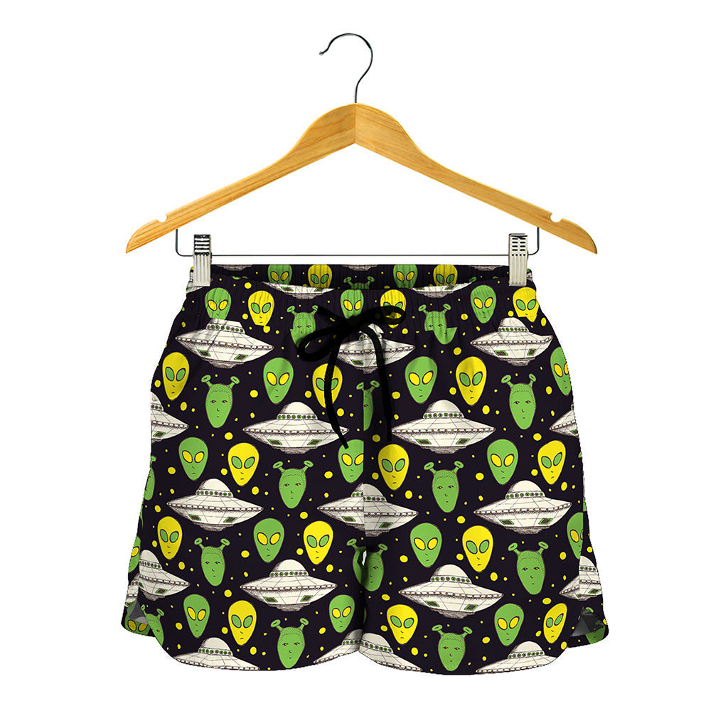 Green Alien UFO Space Print Women's Shorts