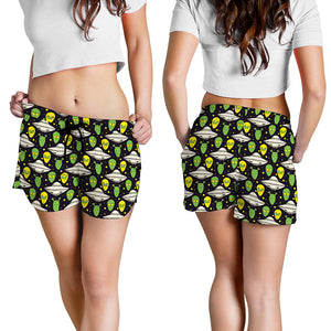 Green Alien UFO Space Print Women's Shorts