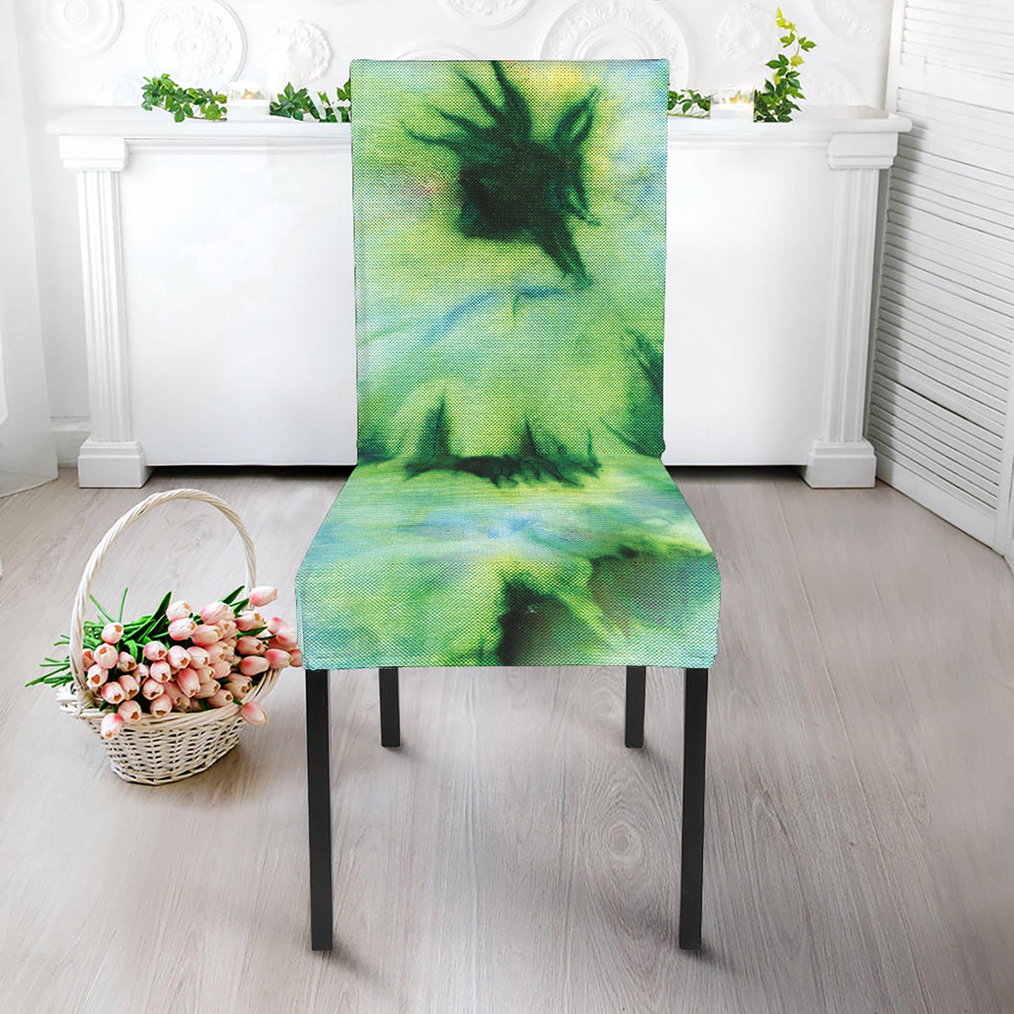 Green And Black Acid Wash Tie Dye Print Dining Chair Slipcover