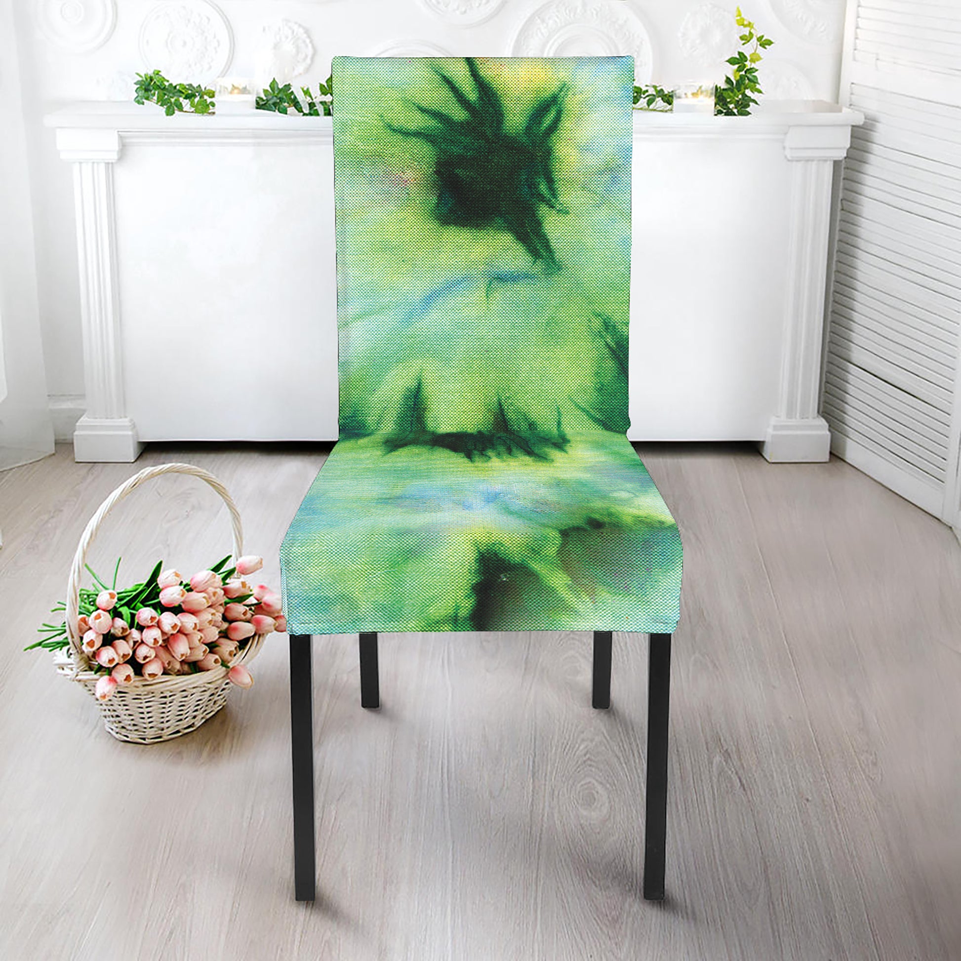 Green And Black Acid Wash Tie Dye Print Dining Chair Slipcover