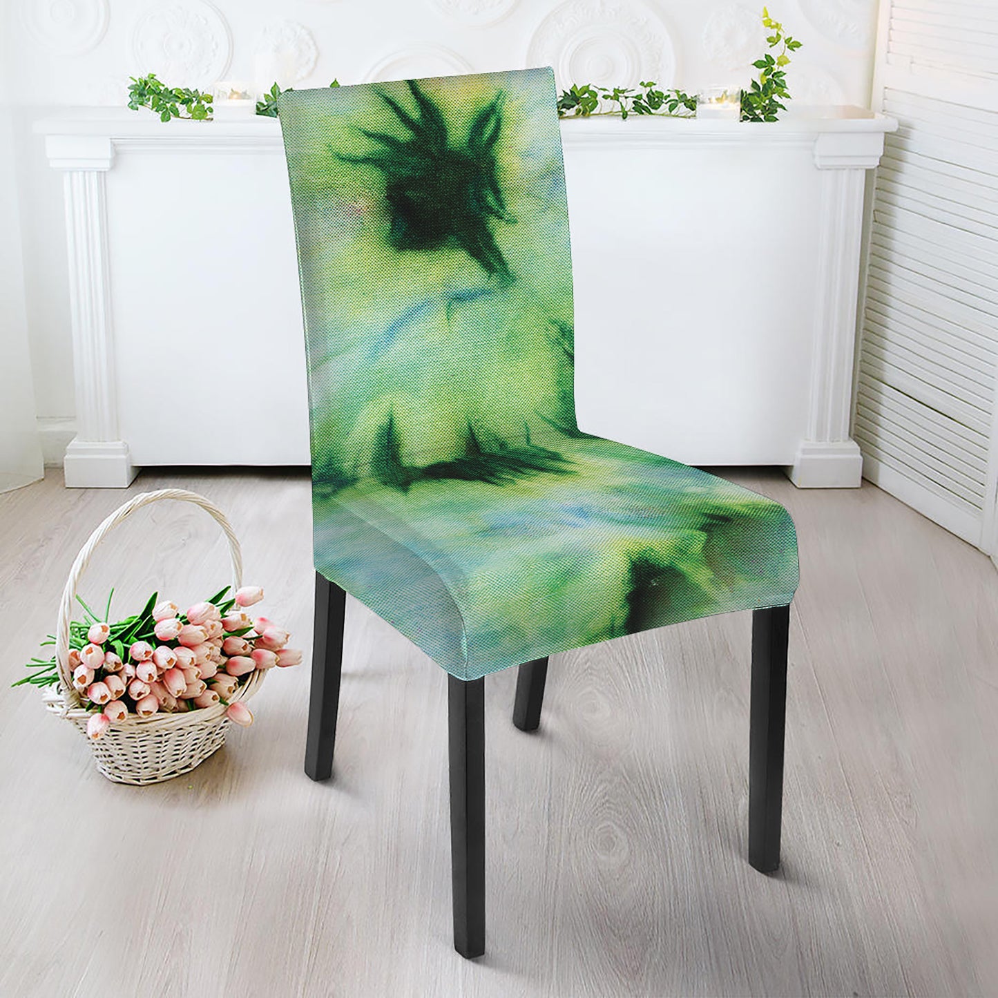 Green And Black Acid Wash Tie Dye Print Dining Chair Slipcover