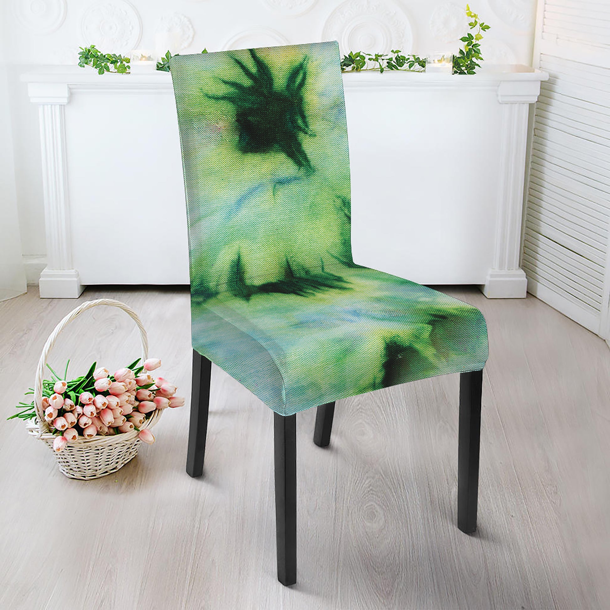 Green And Black Acid Wash Tie Dye Print Dining Chair Slipcover