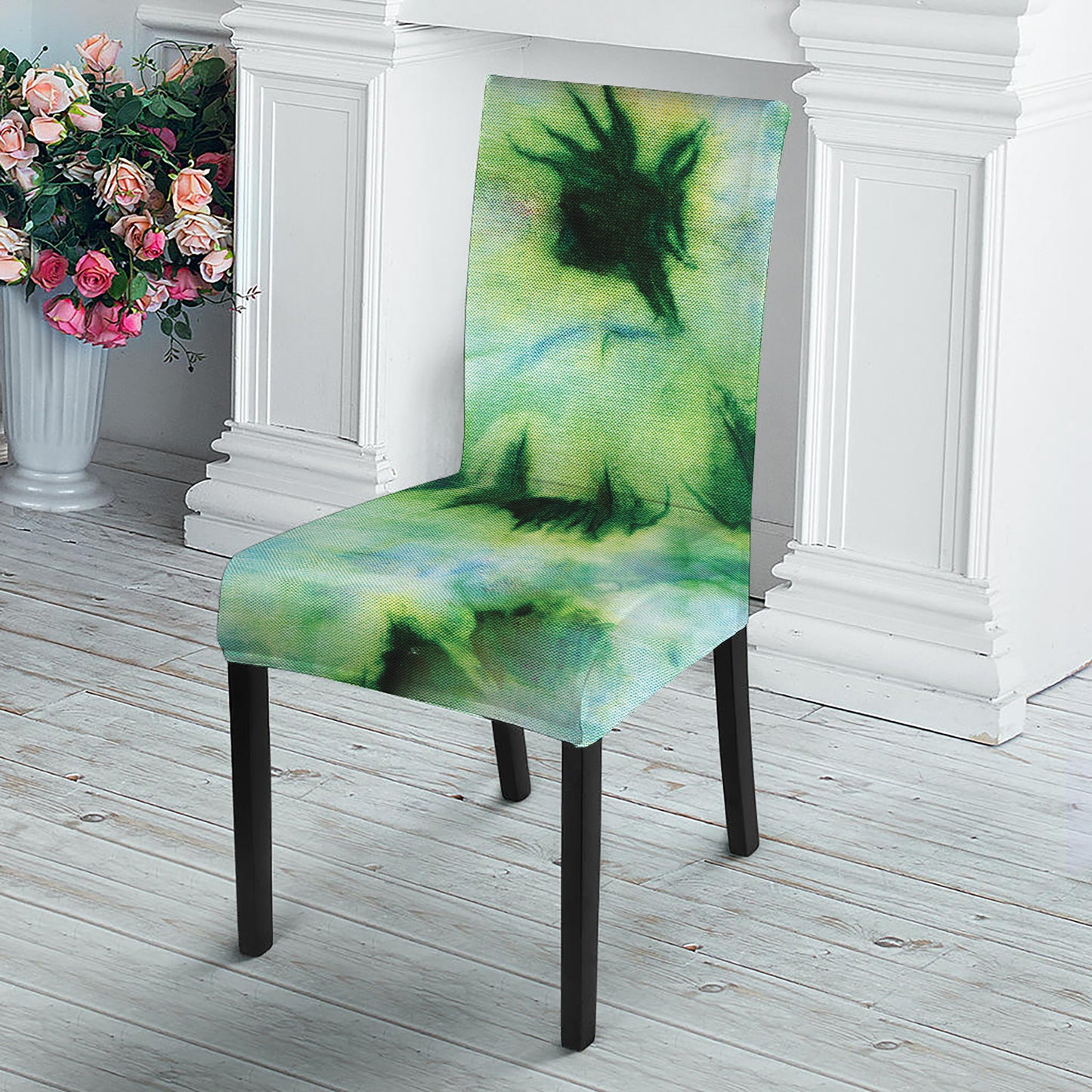 Green And Black Acid Wash Tie Dye Print Dining Chair Slipcover