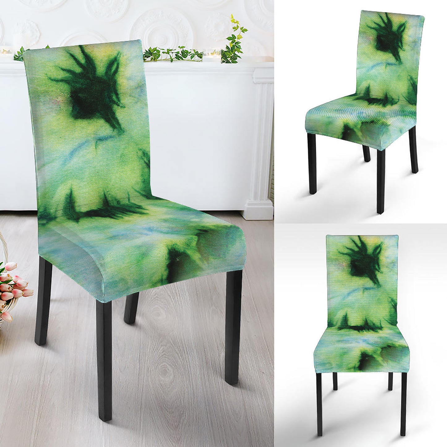 Green And Black Acid Wash Tie Dye Print Dining Chair Slipcover