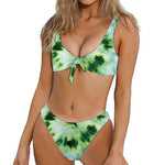 Green And Black Acid Wash Tie Dye Print Front Bow Tie Bikini