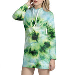 Green And Black Acid Wash Tie Dye Print Hoodie Dress