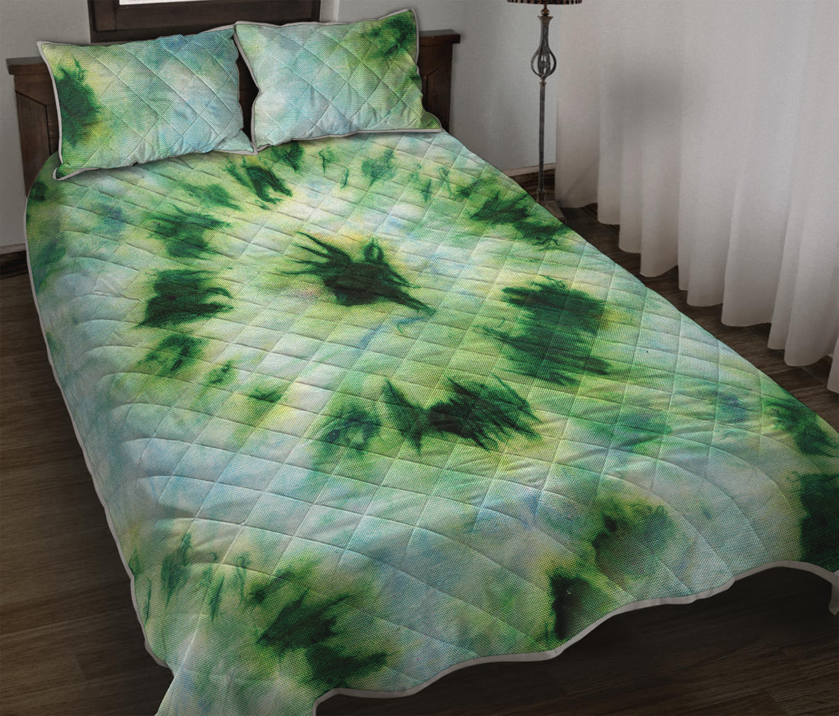 Green And Black Acid Wash Tie Dye Print Quilt Bed Set