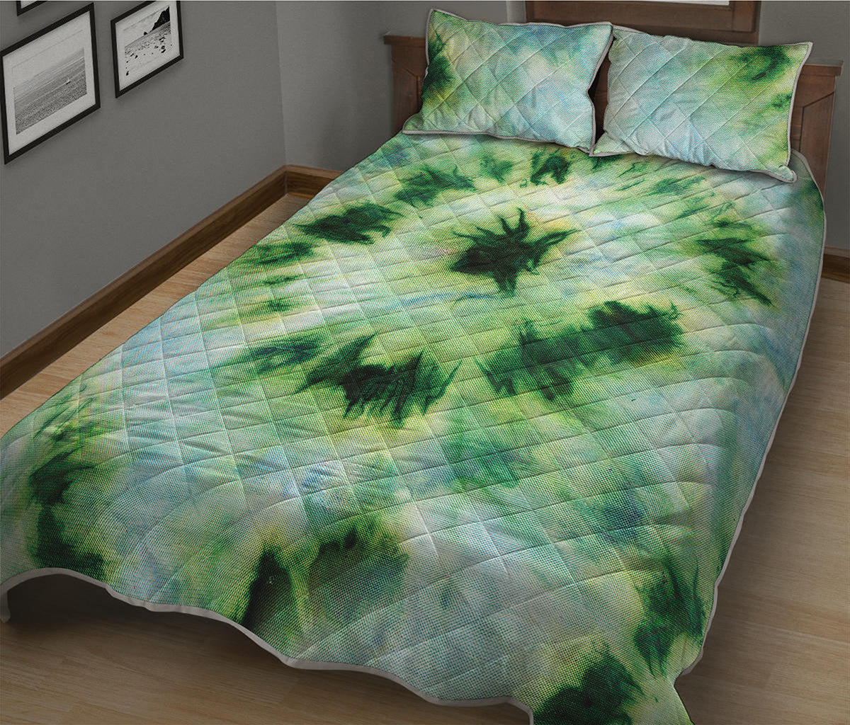 Green And Black Acid Wash Tie Dye Print Quilt Bed Set