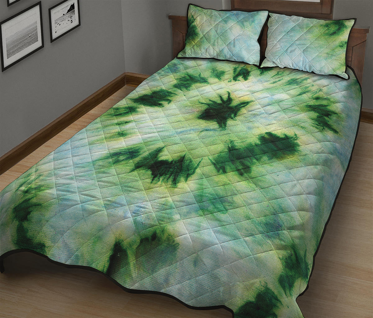Green And Black Acid Wash Tie Dye Print Quilt Bed Set