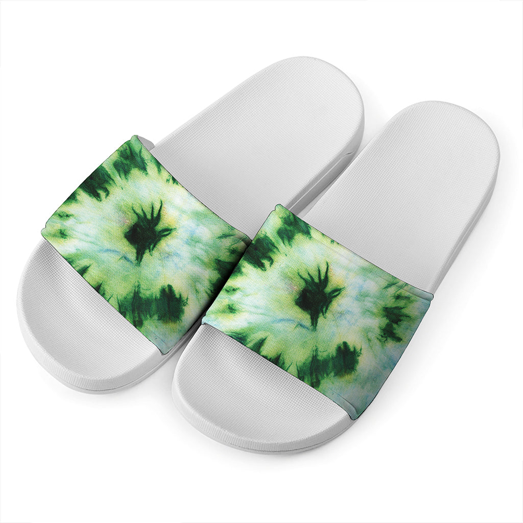 Green And Black Acid Wash Tie Dye Print White Slide Sandals