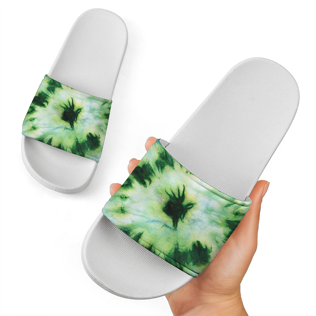 Green And Black Acid Wash Tie Dye Print White Slide Sandals