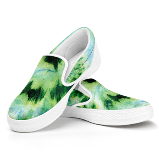 Green And Black Acid Wash Tie Dye Print White Slip On Shoes