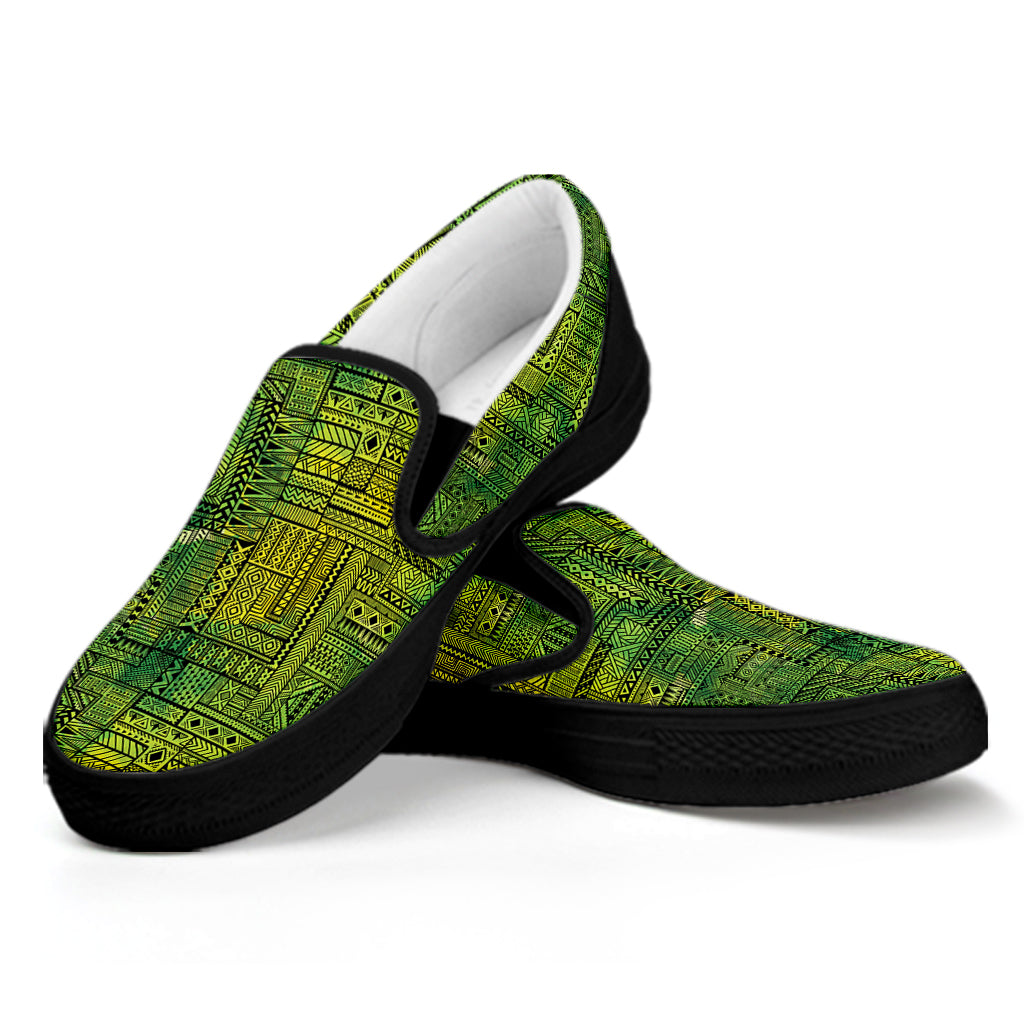 Green And Black African Ethnic Print Black Slip On Shoes