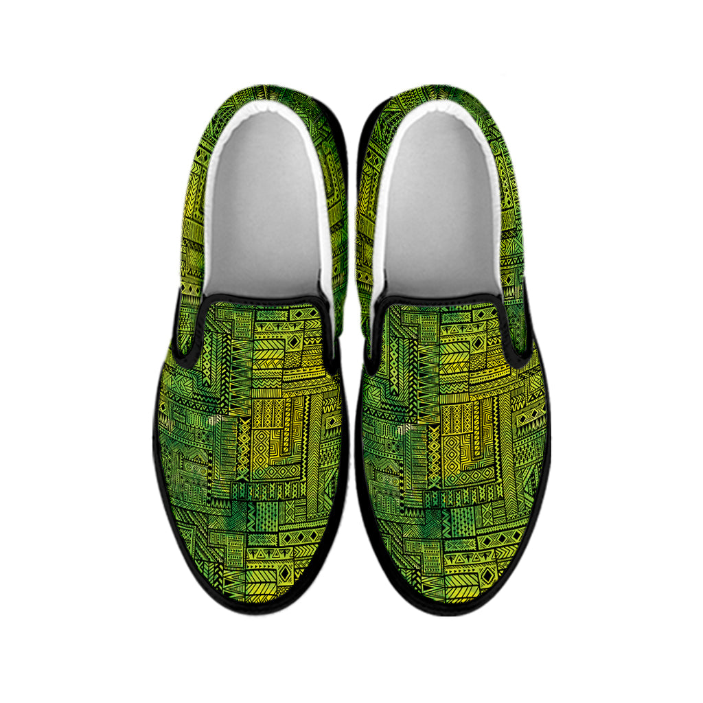 Green And Black African Ethnic Print Black Slip On Shoes