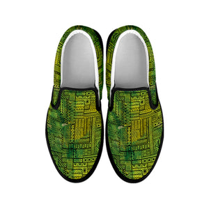 Green And Black African Ethnic Print Black Slip On Shoes