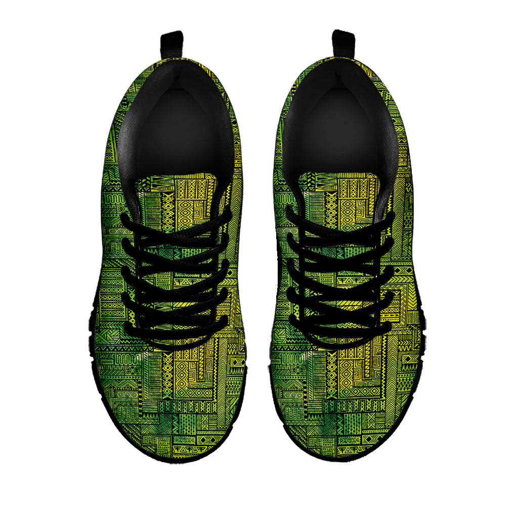 Green And Black African Ethnic Print Black Sneakers