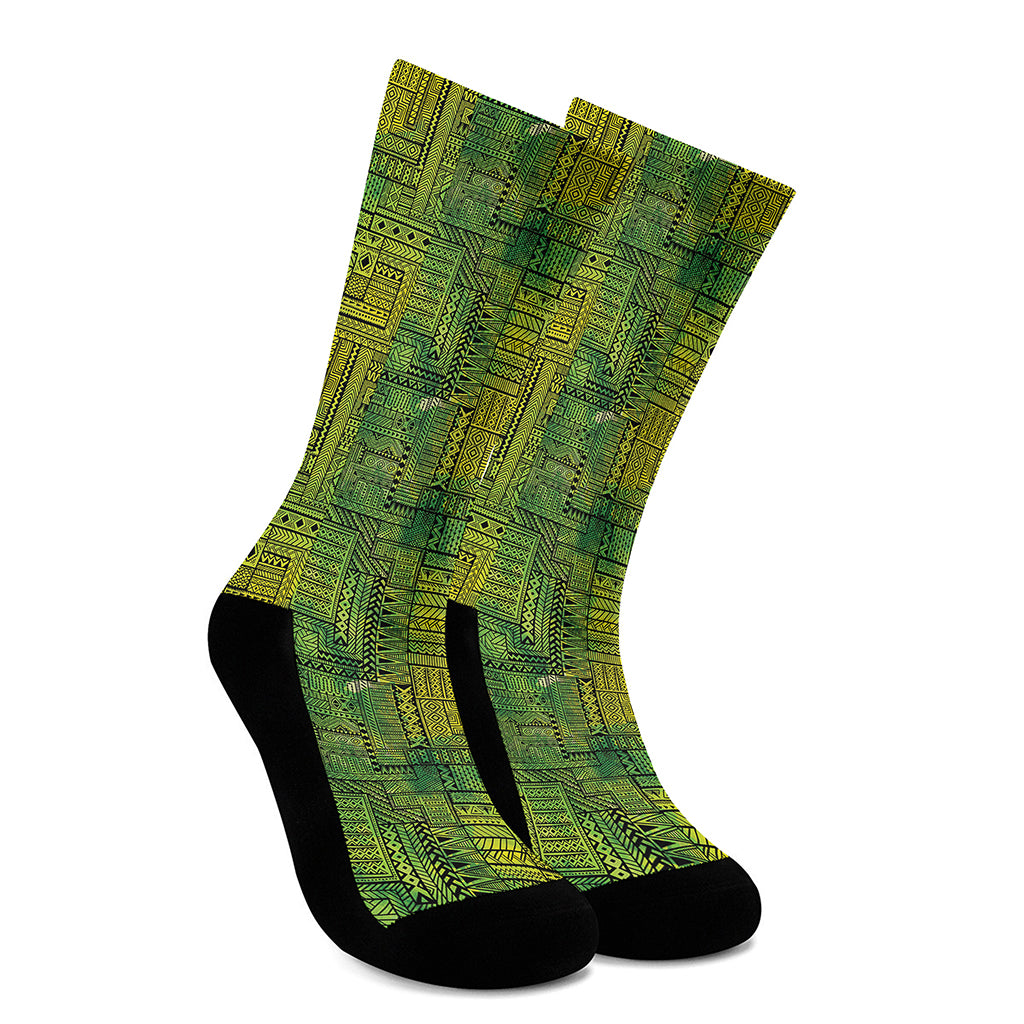 Green And Black African Ethnic Print Crew Socks