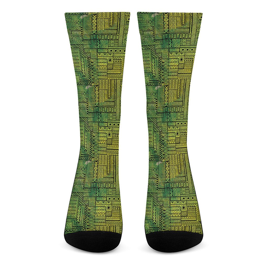 Green And Black African Ethnic Print Crew Socks