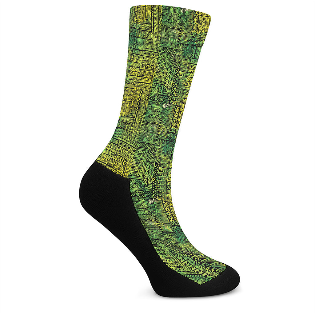Green And Black African Ethnic Print Crew Socks