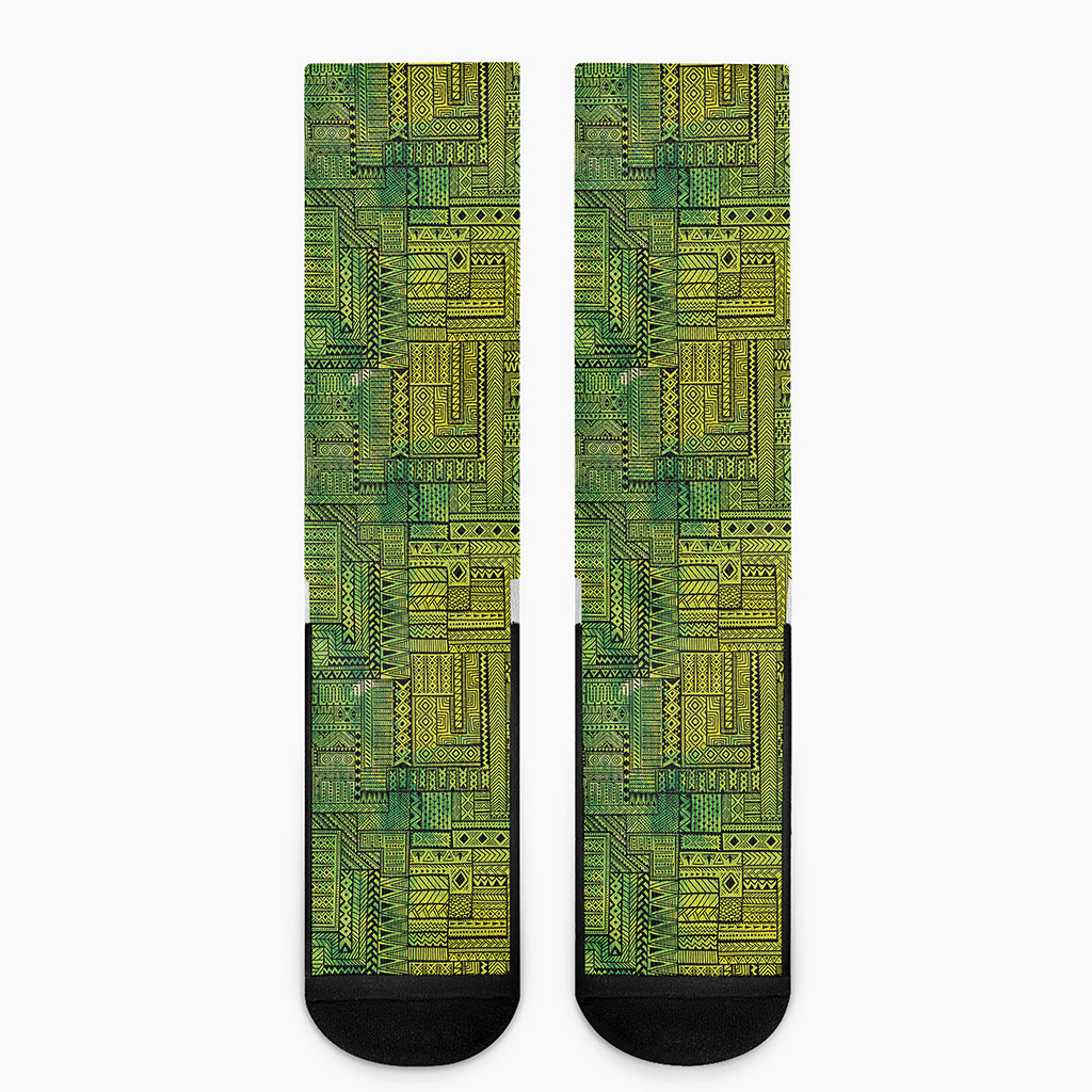 Green And Black African Ethnic Print Crew Socks