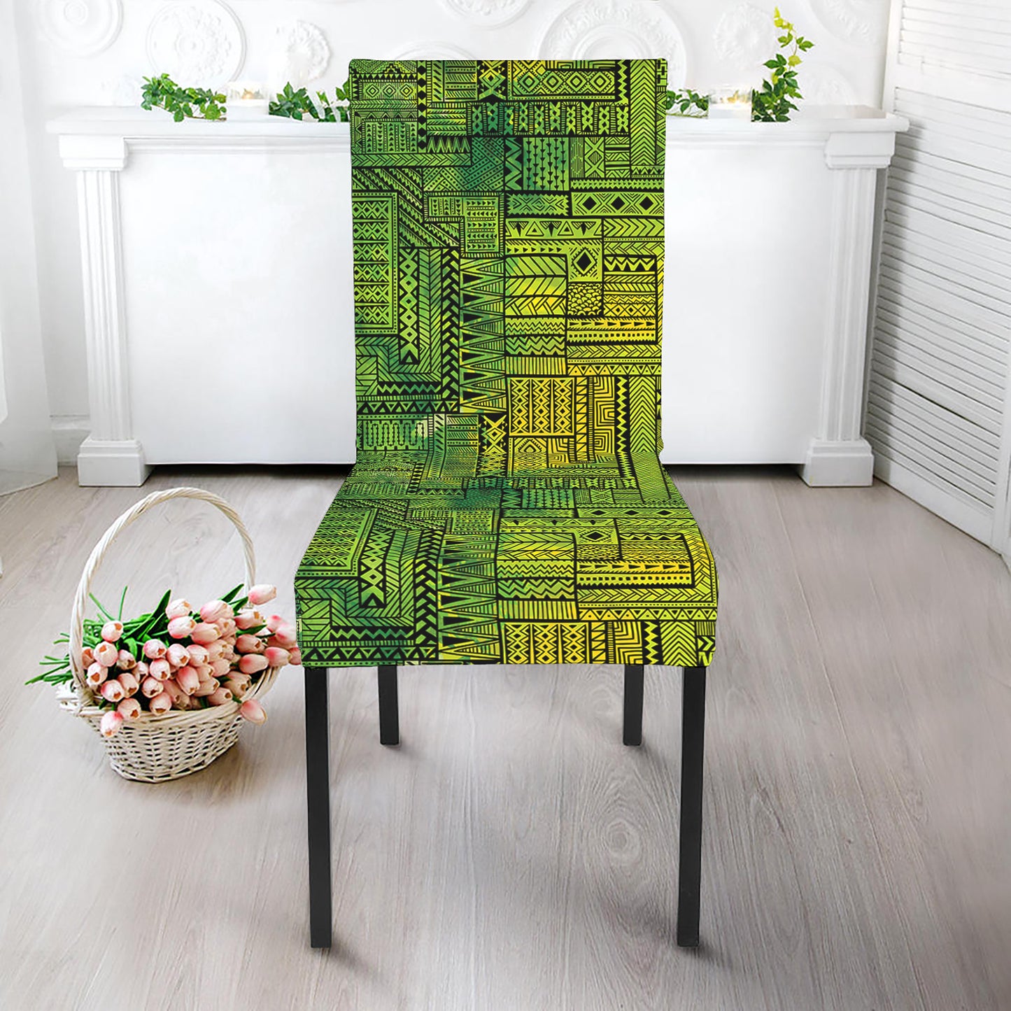 Green And Black African Ethnic Print Dining Chair Slipcover