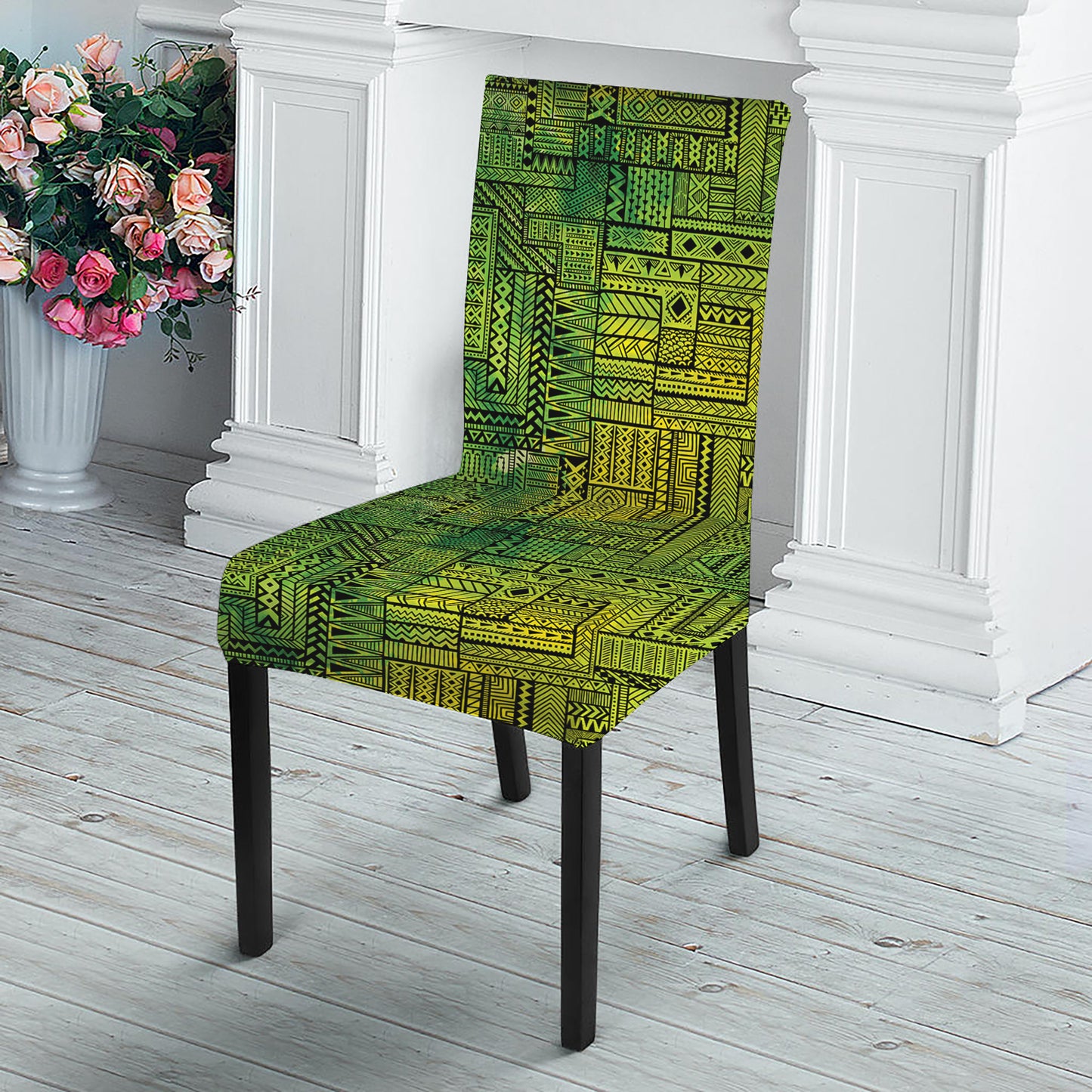 Green And Black African Ethnic Print Dining Chair Slipcover