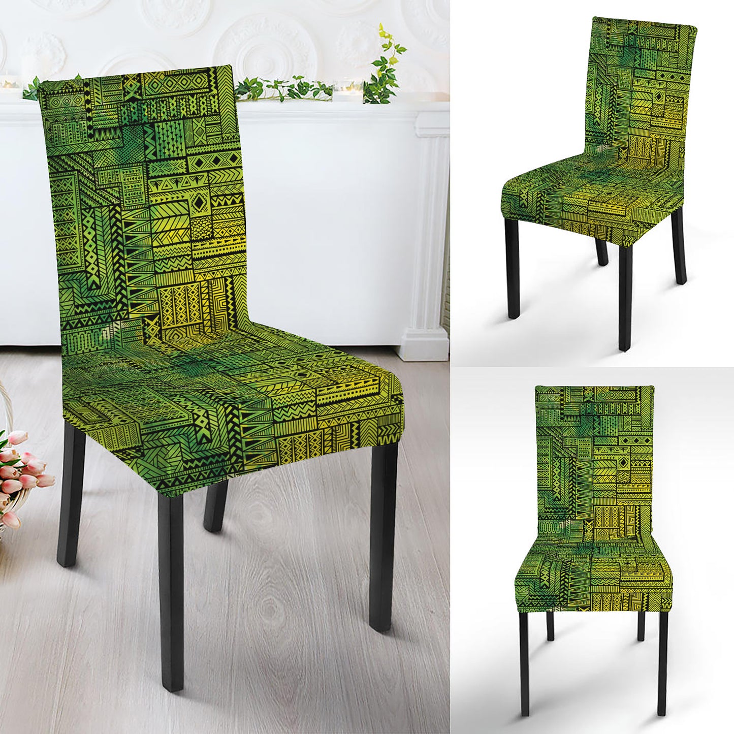 Green And Black African Ethnic Print Dining Chair Slipcover