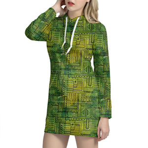 Green And Black African Ethnic Print Hoodie Dress