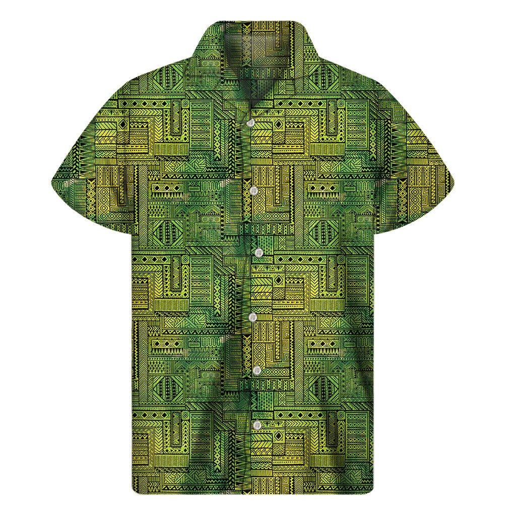 Green And Black African Ethnic Print Men's Short Sleeve Shirt