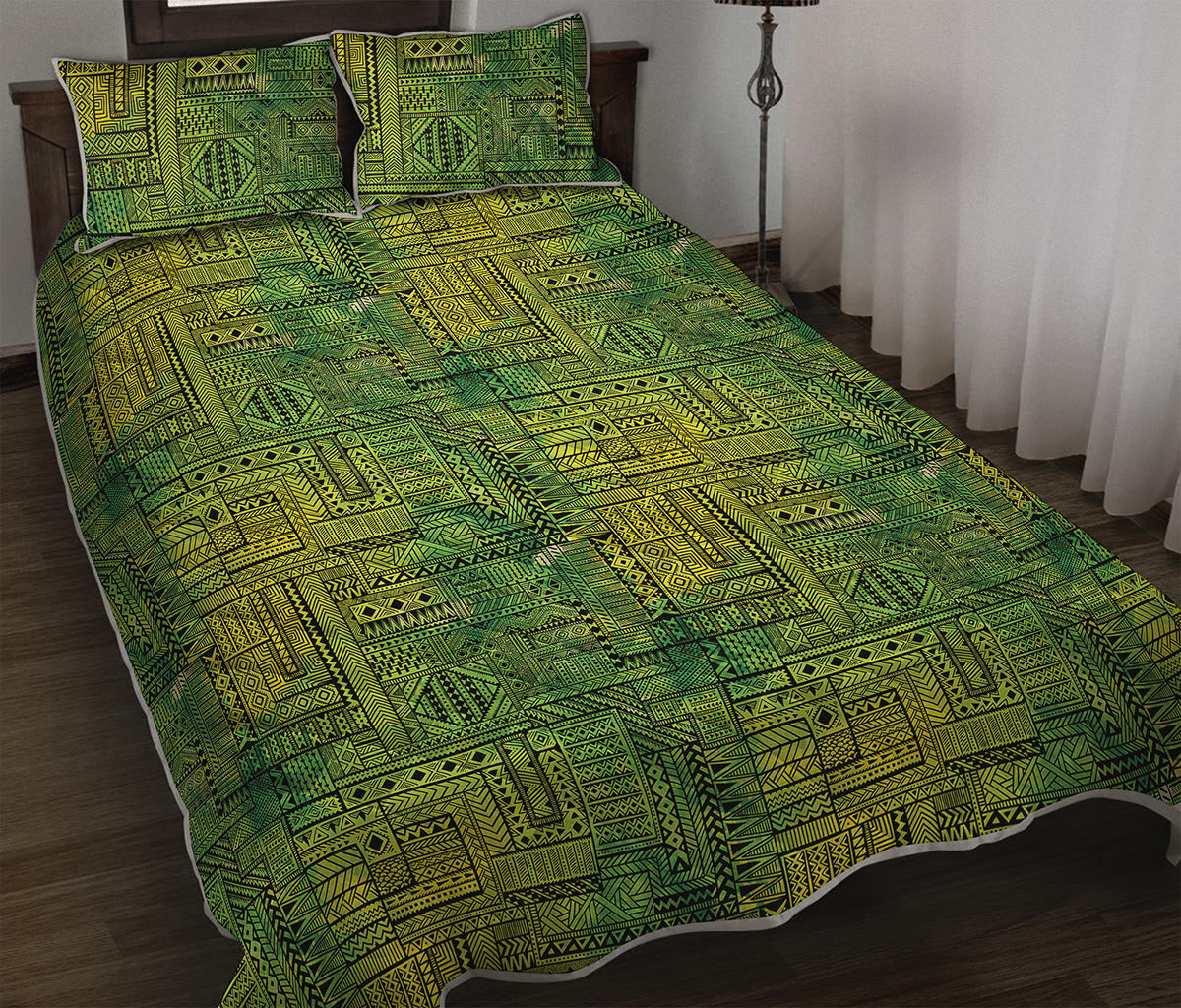 Green And Black African Ethnic Print Quilt Bed Set