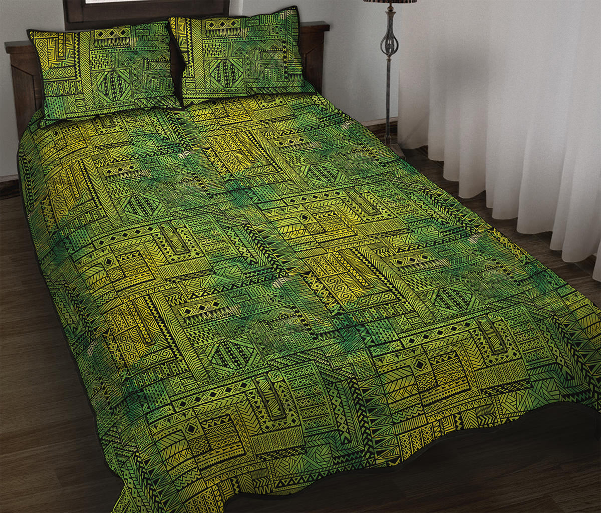 Green And Black African Ethnic Print Quilt Bed Set