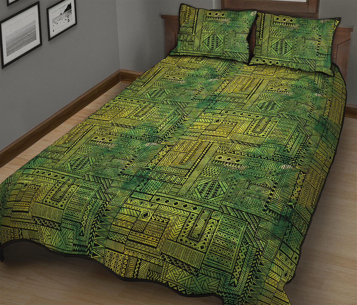 Green And Black African Ethnic Print Quilt Bed Set