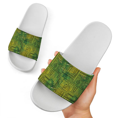 Green And Black African Ethnic Print White Slide Sandals