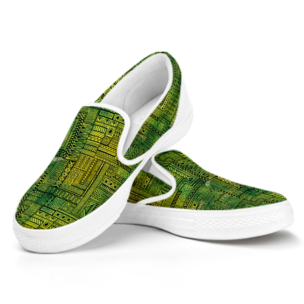 Green And Black African Ethnic Print White Slip On Shoes