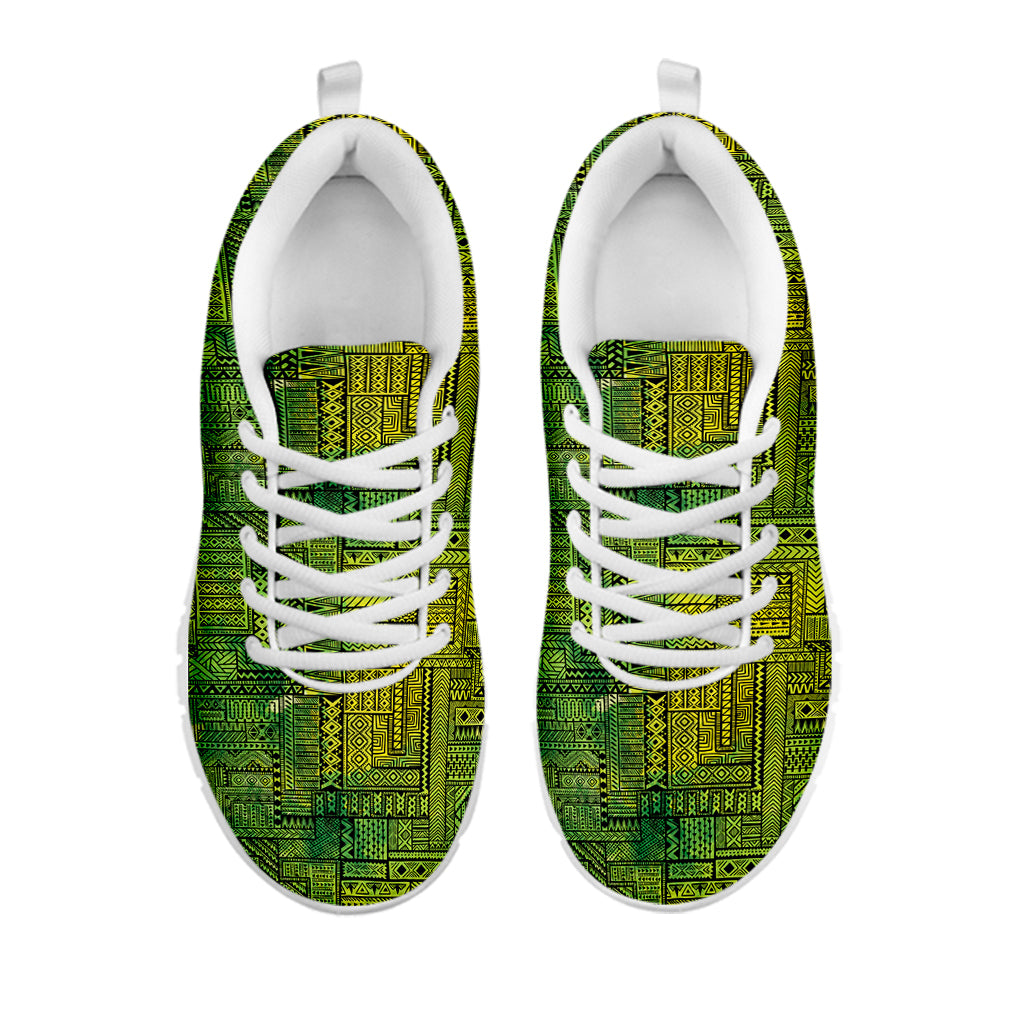 Green And Black African Ethnic Print White Sneakers