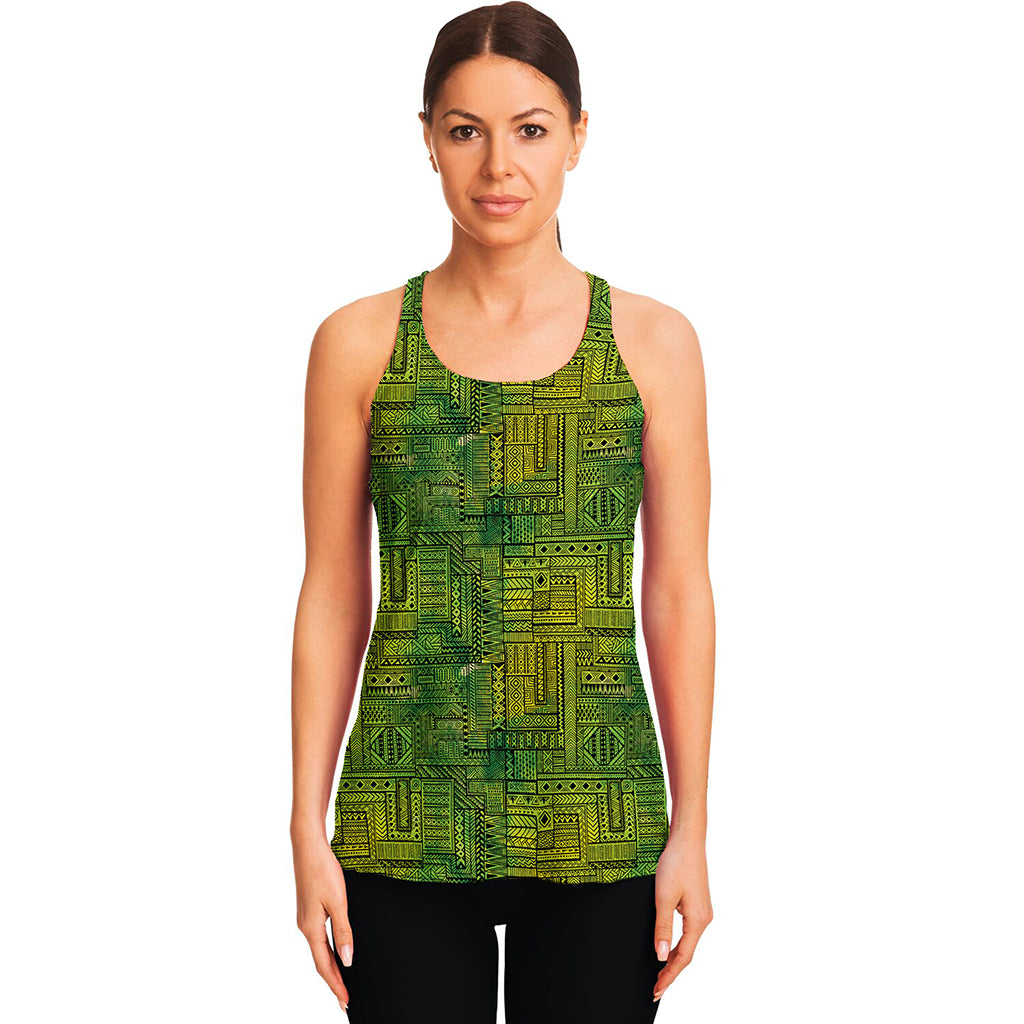 Green And Black African Ethnic Print Women's Racerback Tank Top