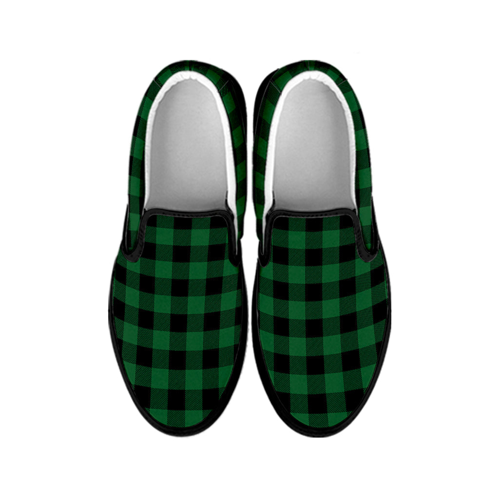 Green And Black Buffalo Check Print Black Slip On Shoes