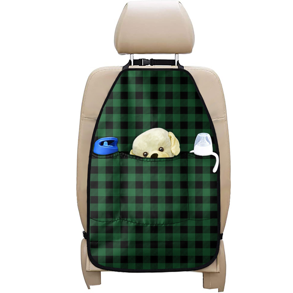 Green And Black Buffalo Check Print Car Seat Organizers