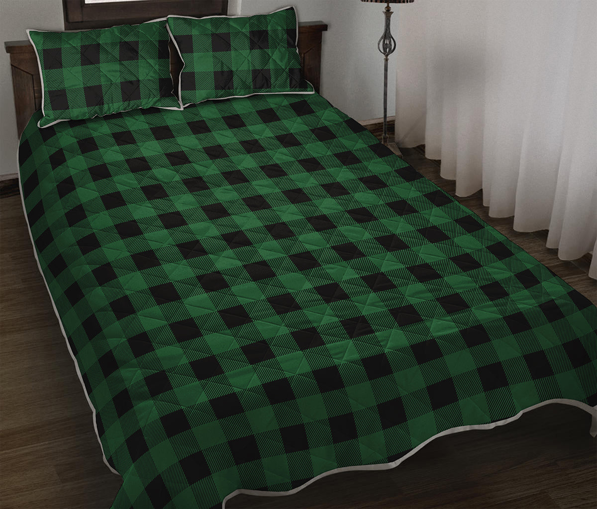 Green And Black Buffalo Check Print Quilt Bed Set