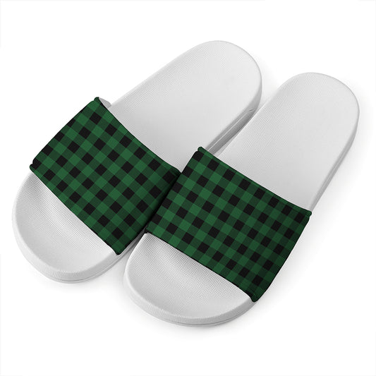 Green And Black Buffalo Check Print White Slide Sandals