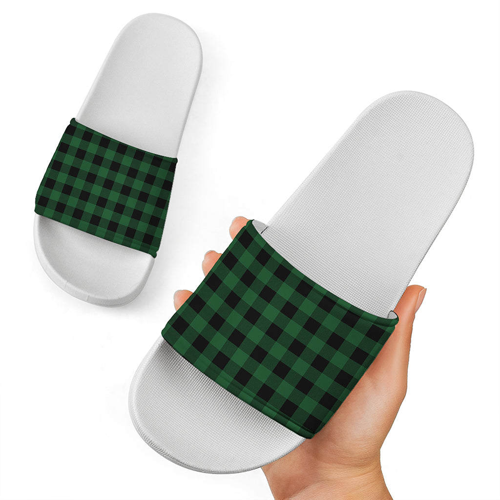 Green And Black Buffalo Check Print White Slide Sandals